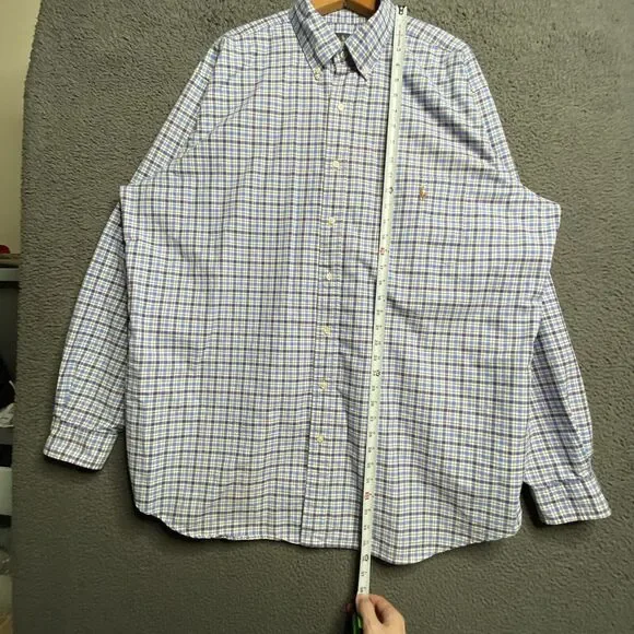 Polo Ralph Lauren Shirt Mens 2XLT Tall Blue Plaid Oxford Button Up Flesh Pony - Picture 13 of 16